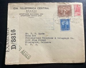 1942 Bogota Colombia Censored Airmail Cover To Wilmington DL USA Central Phone