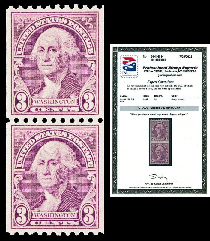 Scott 722 1932 3c Washington Coil Pair Mint Graded Superb 98 NH with PSE CERT!