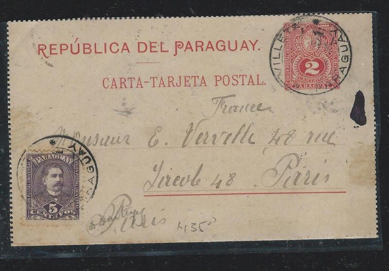 PARAGUAY (P2309B) 1894 2C PSC UPRATED 5C TO PARIS 