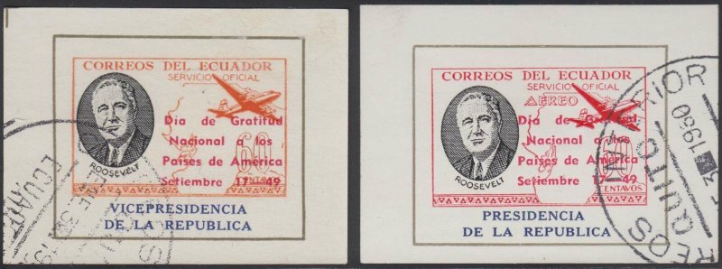 ECUADOR 1949 ROOSEVELT OFFICIAL Bts O.XV & O.XX MINISHEETS OVPTD USED F,VF RARE! 