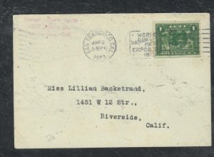 UNITED STATES 1913 1C  PAN PACIFIC  ON SLOGAN CANCEL COVER   P0309A H