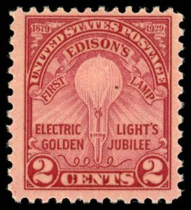 US Sc 655 MNH - 1929 2¢ - Edison's 1st Lamp - Perf. 11x10½, Rotary Press