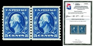 Scott 447 1914 5c Washington Coil Pair Mint Graded Superb 98 NH with PSE CERT