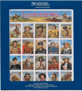 US Stamps Scott #2870 Legends of the West Pane (20) Pickett Error SCV $125