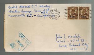 1932 USA Cover Maiden Voyage SS Acadia Ship PAqueboat to CAnada with clippings