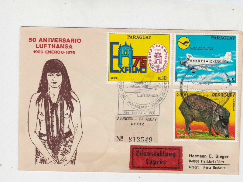 Paraguay 1976 Expres Flight Airmail 50th Ann Lufthansa Stamps Cover Ref 29405