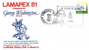 KING OF THE UNITED STATES COMMEMORATING WASHINGTON CACHET COVER LAMAPEX 1981