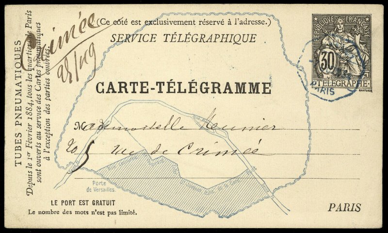 fr038 France Carte-Telegramme 30c black card with map, used