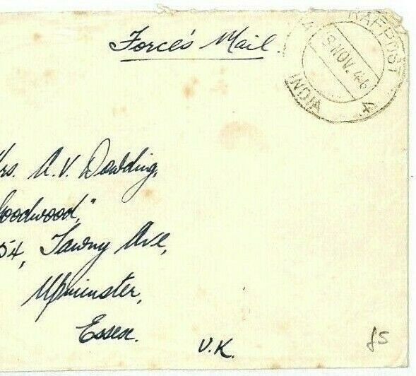 INDIA Cover *RAF POST 4* CDS Forces Air Mail 1946 Upminster Essex{samwells}CW109