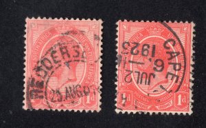 South Africa 1913 1p two shades George V, Scott 3 used, value = 50c