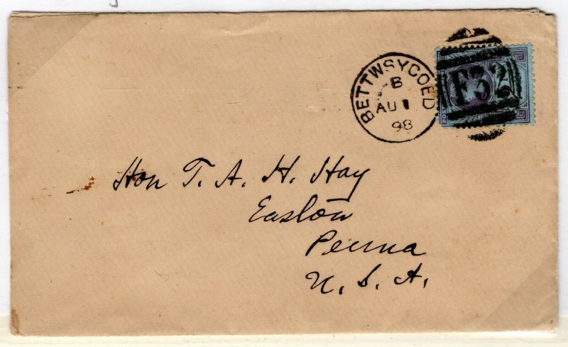 GB WALES Transatlantic Cover *BETTWSYCOED/ F32* Duplex USA Penn 1898 MZ614 