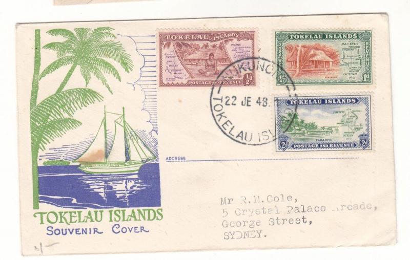 TOKELAU ISLANDS, 1948 set of 3 on Illustrated fdc., NUKUNONO to Australia.