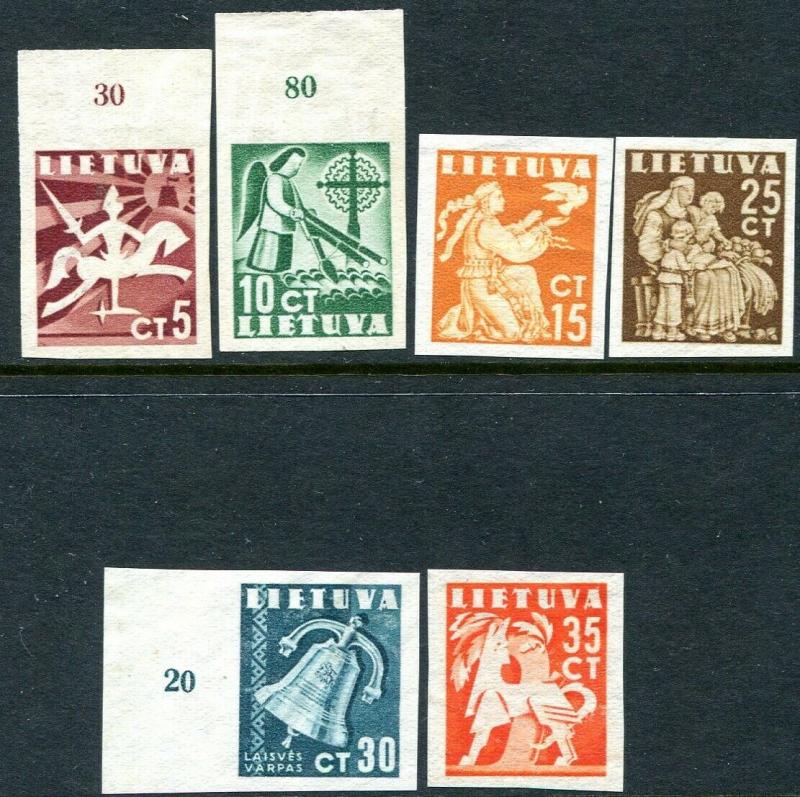 LITHUANIA-1940 Liberty Issue Set of 6 Imperf & Ungummed as used Sg 439-44v