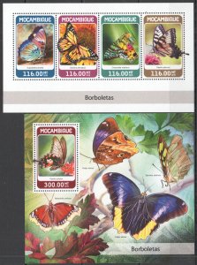 HM1319 2018 MOZAMBIQUE BUTTERFLIES INSECTS FLOWERS FAUNA #9499-2+BL1340 MNH