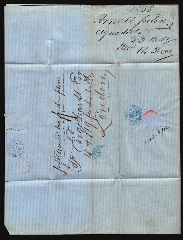 Puerto Rico 1868 British PO Stampless Cover to London - Z17317