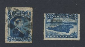 2x Newfoundland Rouletted Used stamps # 39-3c Victoria & #40-5c Seal GV= $35.00