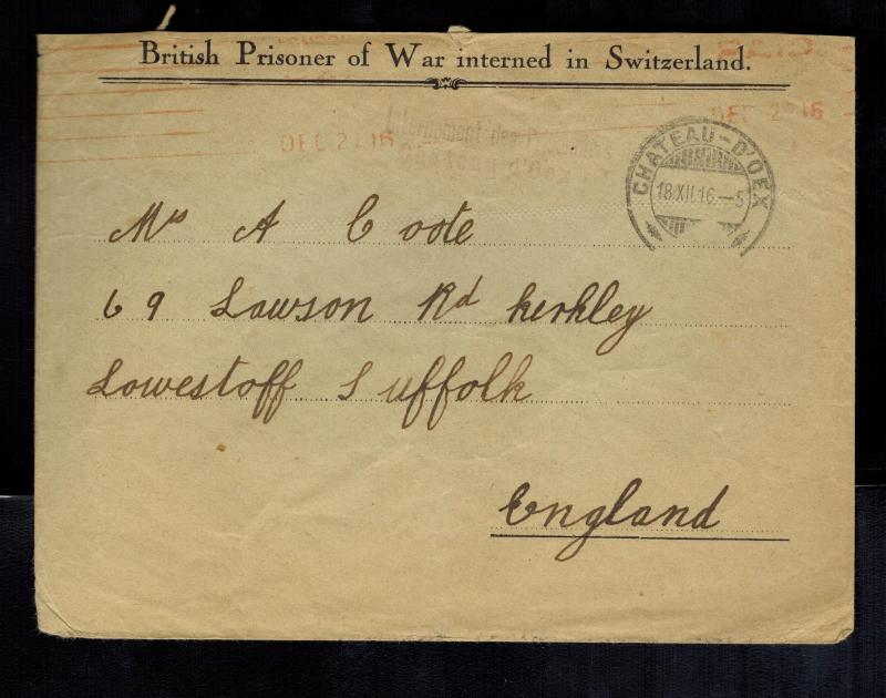 1916 Chateau Doex Switzerland cover to England from British Prisoner of War POW