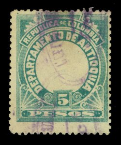 COLOMBIA 1896 - Antioquia -Coat of Arms 5p green  Sc# 116  CENTER OMITTED - rare