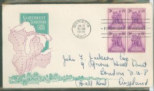 US 837 1938 3c Northwest Territory Sesquicentennial (Block of 4) on an addressed FDC sent to London, England with an Ioor Cachet