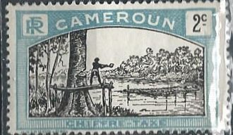 Cameroun J1 (mh) 2c man felling tree, lt blue & black (1925)