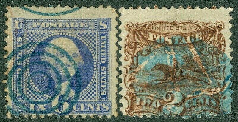 EDW1949SELL : USA 1869 Scott #113, 115 Used. Blue cancels. Minor faults Cat $355