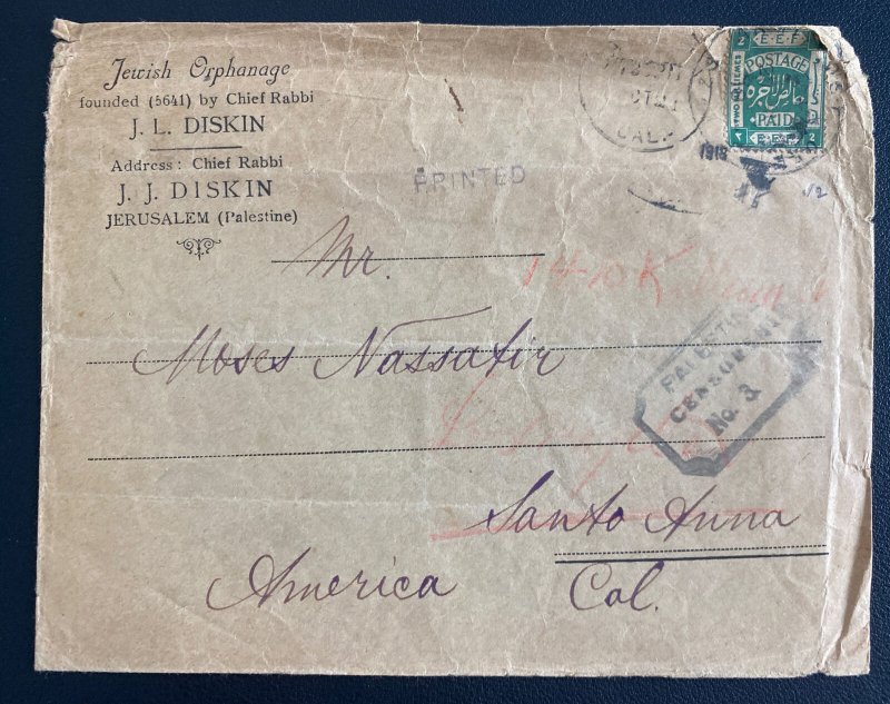 1918 Jerusalem Palestine Orphanage Cover To Santa Ana CA Usa