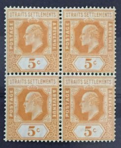 Malaya 1906-12 Straits Settlements KEVII 5c Block of 4V MH MCCA SG#157 M3720