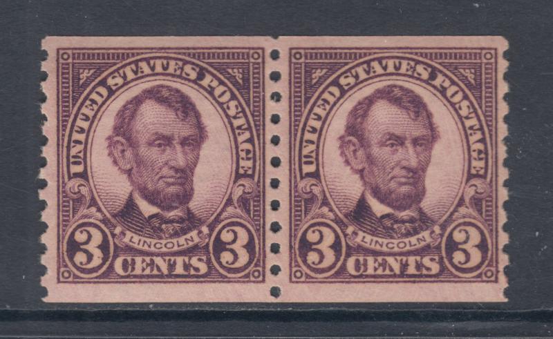 US Sc 600 MNH. 1924 3c violet Lincoln horizontal Coil Pair, F-VF