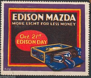 Vintage POSTER STAMP - USA  -- EDISON MAZDA : LIGHTS!