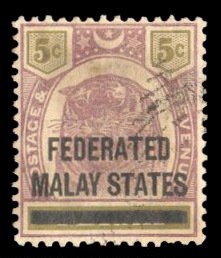 Malaya #4 Cat$195, 1900 5c lilac and olive, light cancel, overall toning