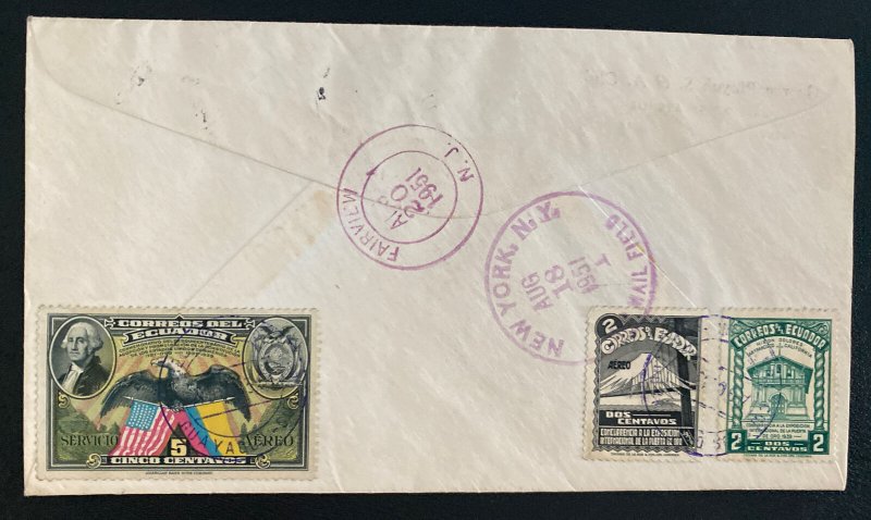 1951 Guayaquil Ecuador Registered cover To Fairview NJ Usa