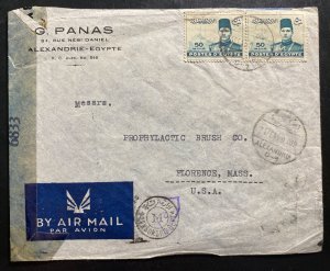 1945 Alexandria Egypt airmail Censored cover to Florence MA USA