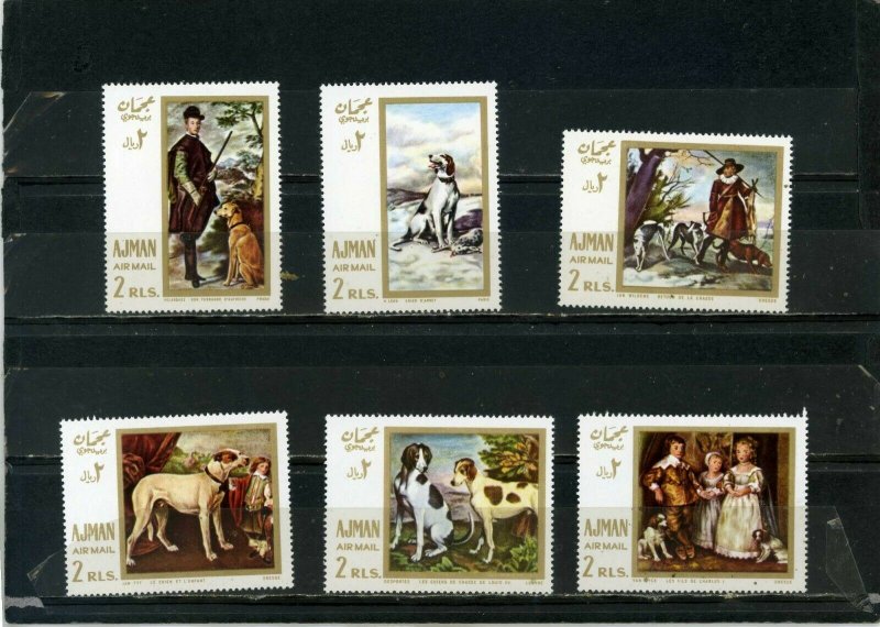 AJMAN 1968 PAINTINGS OF HUNTING DOGS SET OF 6 STAMPS MNH