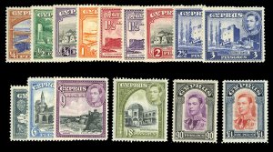 Cyprus #143/155 Cat$227.50, 1938-44 George VI, complete except for 45pi, neve...