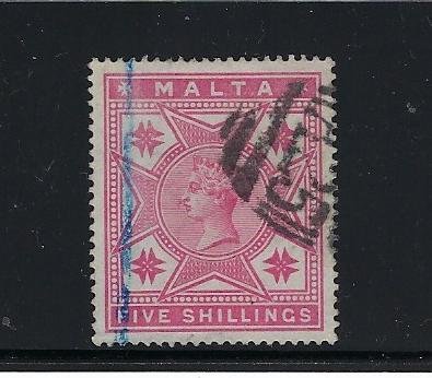 MALTA SCOTT #14 1886 VICTORIA 5 SHILLING (ROSE)- USED