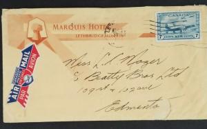 1944 Lethbridge Alberta Edmonton Canada Marquis Hotel Air Mail Advertising Cover