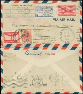 1946 BATON ROUGE LA, PAN AM 10¢ RATE TEST to ARGENTINA, PANAGRA, Mixed Franking!