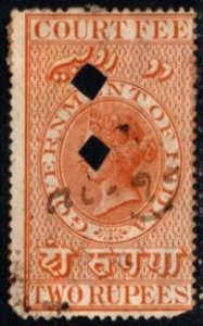 1870 India Revenue 2 Rupees Queen Victoria Court Fees Used