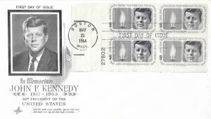 1964 FDC, #1246, 5c John F. Kennedy, Art Craft, plate block of 4