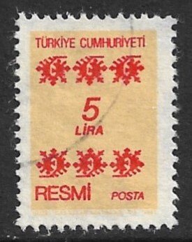 TURKEY 1981 5L Yellow and Red OFFICIAL Sc O161 VFU