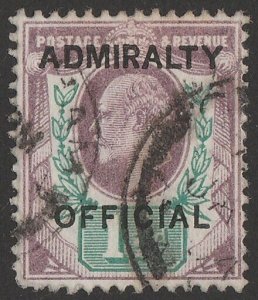 GREAT BRITAIN 1903 'ADMIRALITY OFFICIAL' on KEVII 1½d SG type 010 Scarce genuine