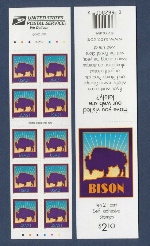 USA - Sc 3484Ag - Plate P55555, perf 10.5x11.25 at Right - 21 cent Bison