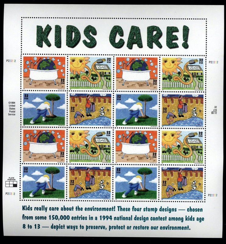 US Scott 2951-54   32c Kids Care Mint NH sheet of 16