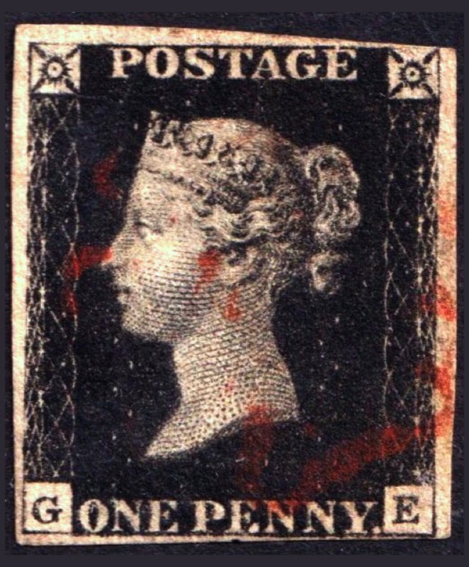 Great Britain Penny Black “GE” Red Maltese Cross Cancel