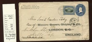 U377 UPRATED 1901 COVER PROVIDENCE RI TO LONDON ENGLAND & FORWARDED TO GERMANY