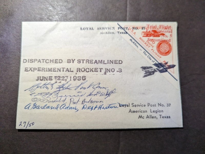 1936 USA Trial Flight Rocket Mail #3 Cover to McAllen TX Pilot Signed 5
