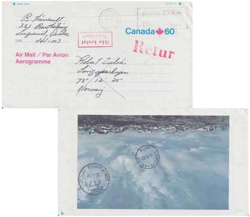 Canada 60c Maple Leaf Air Letter with reverse view showing mountains 1982 J4W...