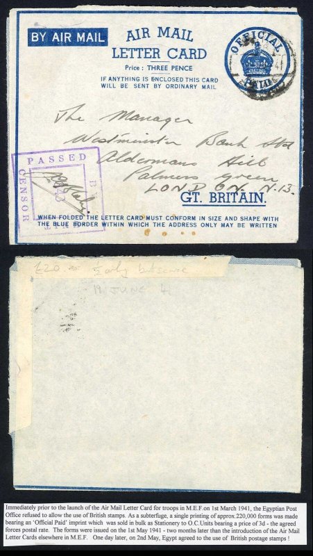 Egypt 1941 OFFICIAL PAID Air Mail Letter Cared Censored