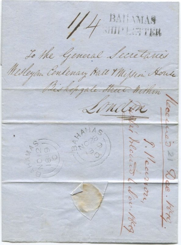 1849 (12 Nov) BAHAMAS SHIP LETTER h/s on cover