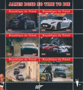 James Bond Stamps Chad 2021 MNH No Time To Die Cars Motorcycles Movies 6v M/S